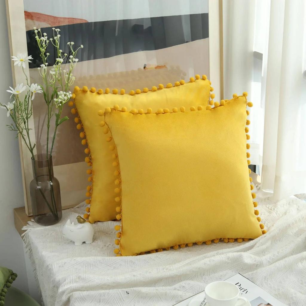 Velvet Pillow Cover with Ball Lace, Soft Cushion Cover, Monochrome, Modern and Simple, Fur Ball, 30x50, 40x40, 50x50, 65x65cm