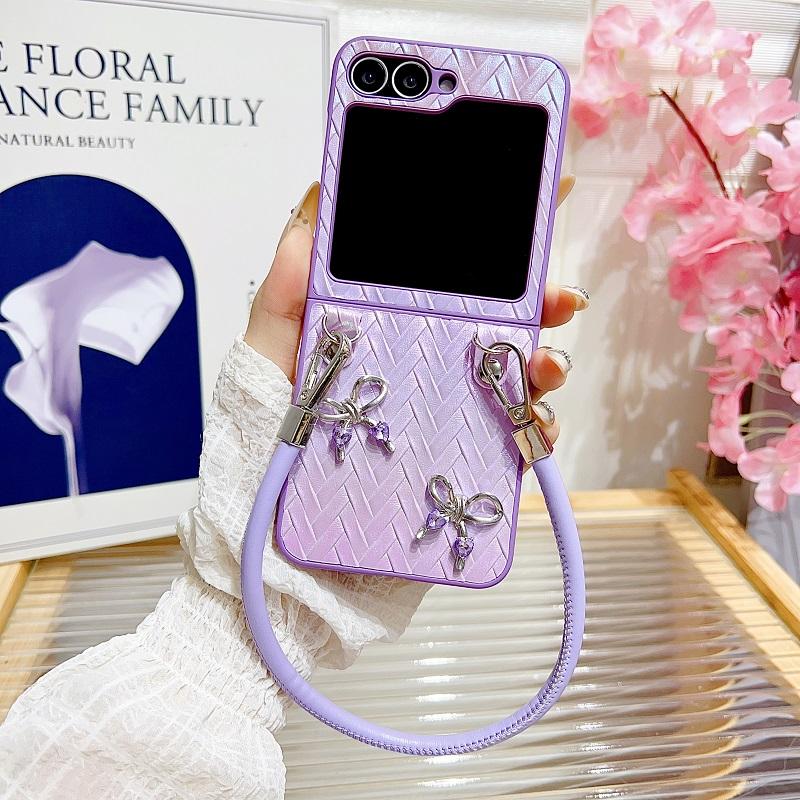 Luxury Gradient 3D Bow Weave Pattern Phone Case for Samsung Galaxy Z Flip 3 4 5 6 5G Flip6 With Lanyard Shockproof Back Cover