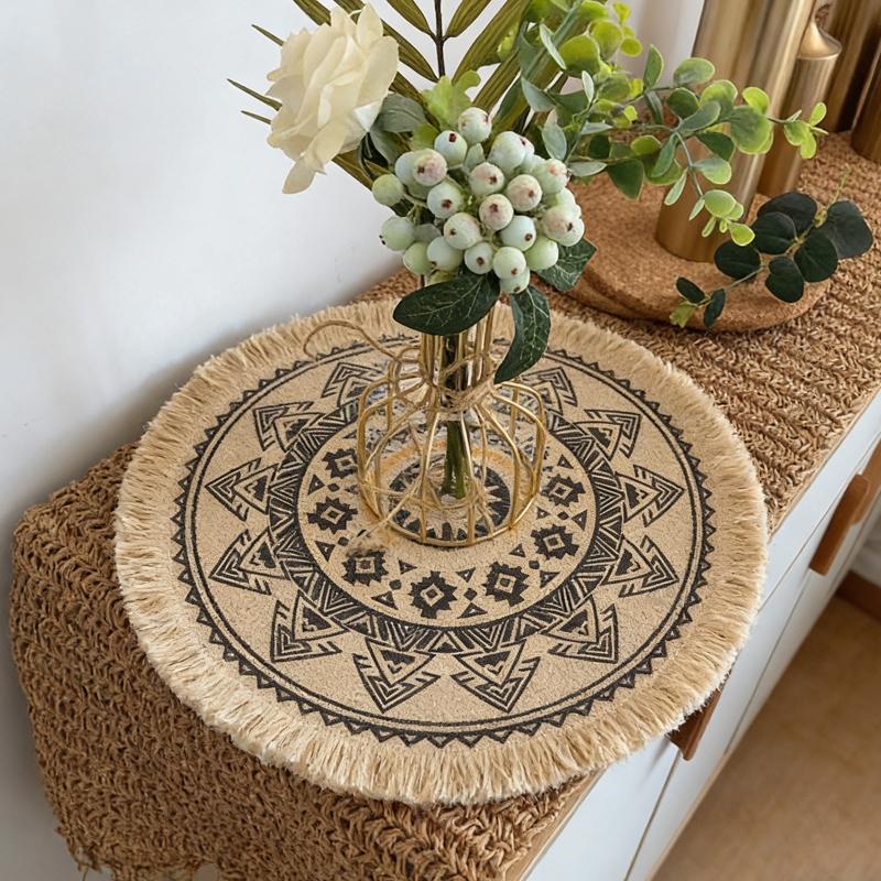 Boho Mandala Round Placemats Heat-Resistant Linen-Cotton Table Mats Washable Non-Slip Dining Decor