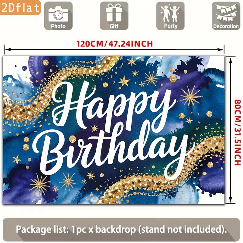 2D Birthday Photography Backdrop Blue Gold Watercolor with Star and Confetti Background