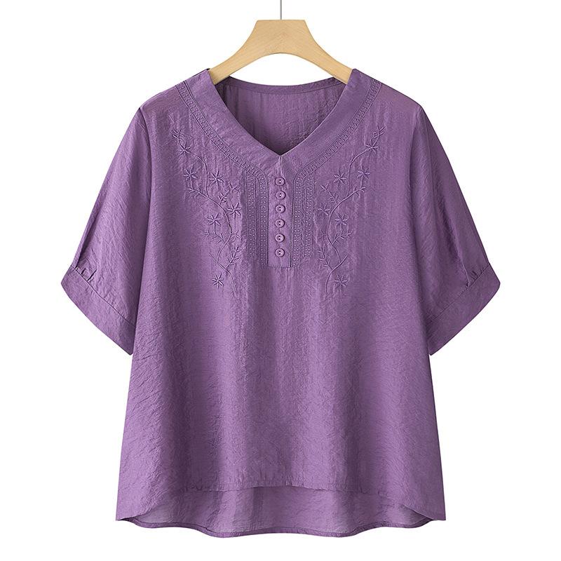 Linen Silk Embroidered Short Sleeve Women's T-Shirt Set New Summer Style Two-Piece Suit for Middle-Aged Mothers