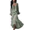 Bohemian Minzgrüner Chiffon Sonnenschutz-Strickjacke Träger Mehrlagiger Rüschenrand Urlaubs-Kleid mit großem Schwing-Rock Set