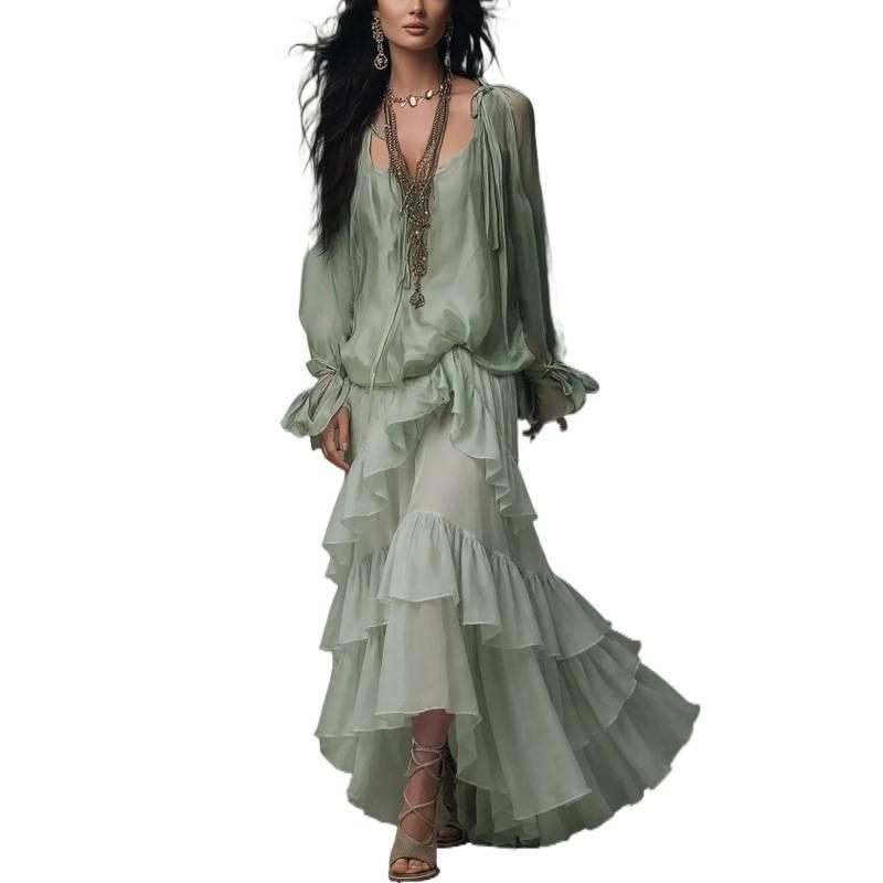 Bohemian Minzgrüner Chiffon Sonnenschutz-Strickjacke Träger Mehrlagiger Rüschenrand Urlaubs-Kleid mit großem Schwing-Rock Set