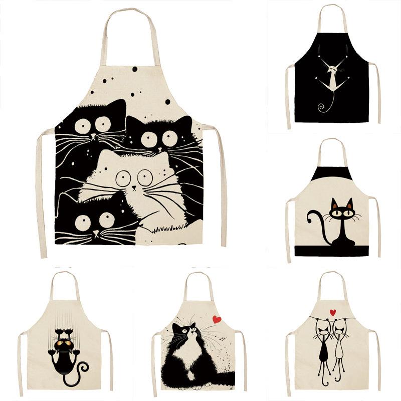 Black and White Cat Cartoon Linen Apron, Sleeveless Neck Hanging for Home Cooking, Anti-fouling Cooking Waist Children's Bib