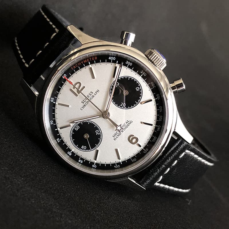SUGESS Swan Neck Regulator 38mm Mechanical Analog Chronograph Watch for Men, Panda Dial, Pilot Style, Leather Strap, High-Quality, See-Through