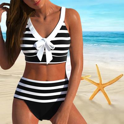 Dam Baddräkt med Axelband Randig Tryckt Bikini Kort Tank Top Baddräkt