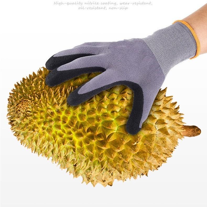 OEM 15 Gauge Anti-Slip Breathable Abrasion Resistant Work Gloves Sandy Foam Nitrile Coating Nylon Spandex Liner Palm Finger