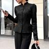 Womens Vintage Palace Style Jacquard Lightweight Blazer With Stand Collar Puffed Sleeves Waist Cinched Hem