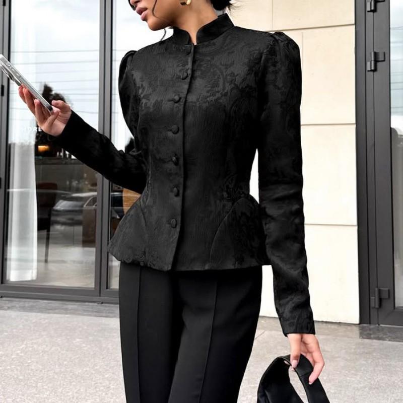 Womens Vintage Palace Style Jacquard Lightweight Blazer With Stand Collar Puffed Sleeves Waist Cinched Hem