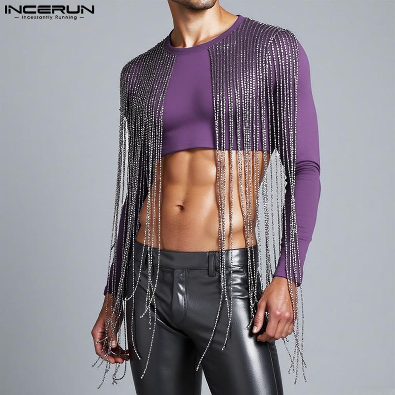 INCERUN Men O Neck Long Sleeve Front Glitter Tassel Short Crop Tops
