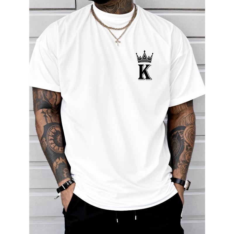European Sizes Men'S Vintage Crown Print Short Sleeve Crew Neck Casual Sports T-Shirt - Polyester, Stretchy Knit Fabric,Summer Top with "K" Design