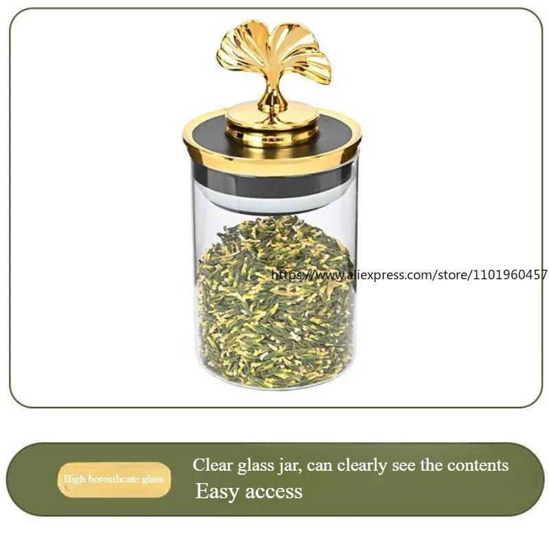 Европейская роскошная латунная банка с герметичной стеклянной крышкой в виде листа гинкго, кухонная влагонепроницаемая банка, банка для кофейных зерен, чая, сахара, контейнер для продуктов