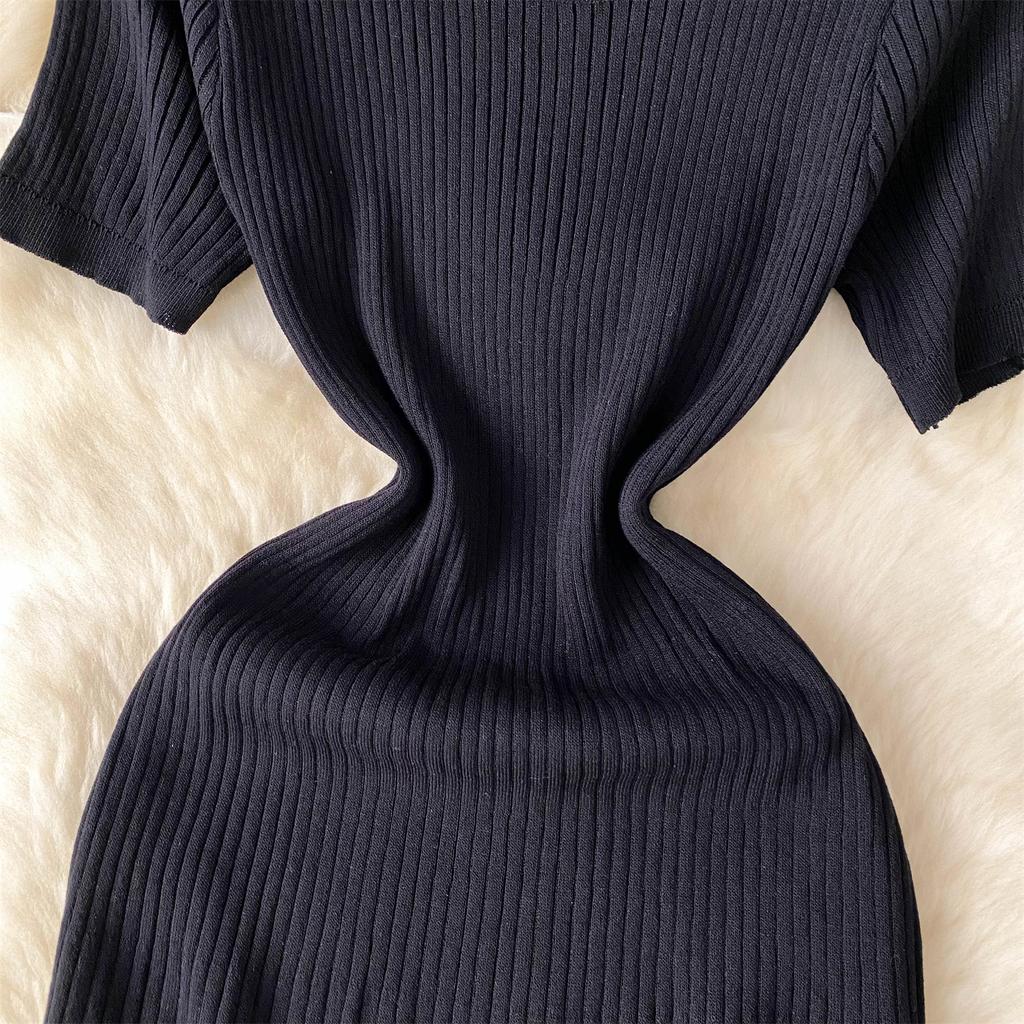 Suéter de punto de manga corta para mujer, vestido largo midi de malla con retazos, estilo dulce de verano