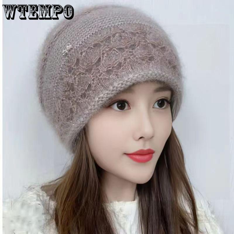WTEMPO Retro Vintage Solid Winter New Double-layer Knitted Hollow Flower Squirrel Velvet Warm Small Crimping Stack Ear Protector Bag Head Women's Hat