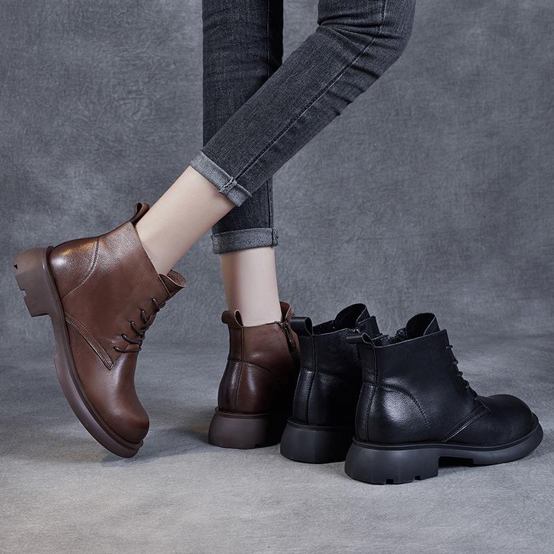 Leather small short boots British style Martin boots spring and autumn versatile flat-bottomed cowhide single boots brown retro women's boots