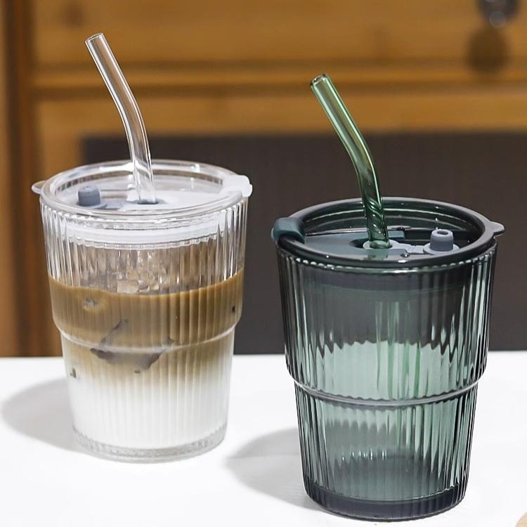 400ml Iced Coffee Mugs Glass Mug Coffee Cup With Lid and Straw Stripe Cups Drinking Glasses for Juice Milk Tea Cups Drinkware
