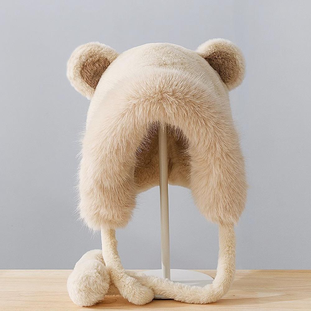 Warm Winter Hat Pompom Fluffy Skull Cap Stylish Bear Ears Hat  for Women
