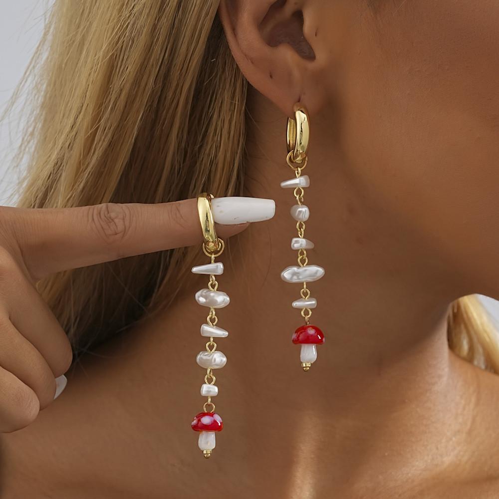 Plated Gold Stylish Geometric Faux Pearl Mushroom Earrings For Women Fall 2023