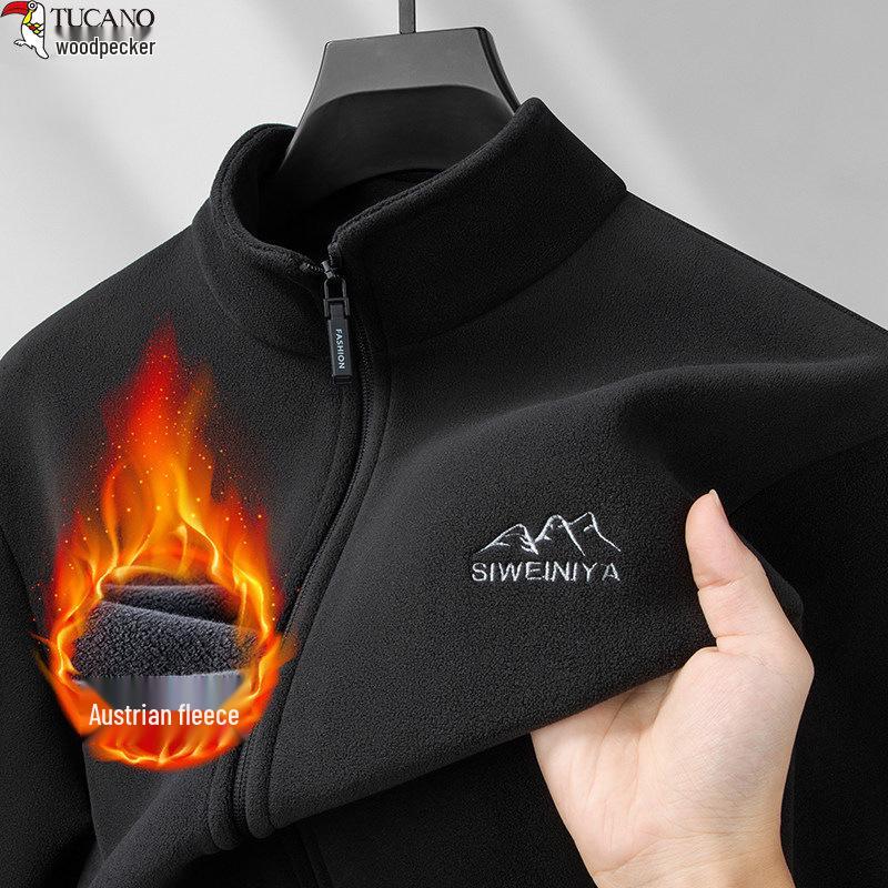 Woodpecker Men s Double-Sided Coral & Polar Fleece Jacket with Stand Collar - Autumn/Winter Plus Velvet Thickened Jacket 2XL (120-140 Jin)