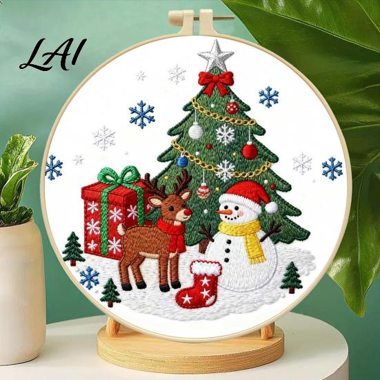 Embroidery Starter Pack Christmas Kit DIY Xmas Tree Craft Holiday Ornament Gift Box Pattern Crafts for Family Festive Needlework Sewing Kit