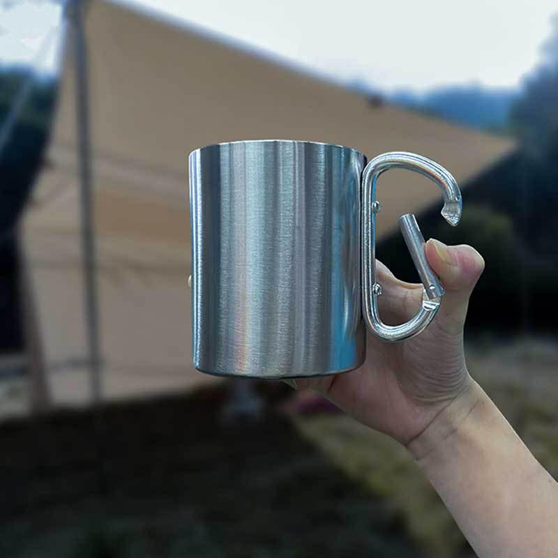Outdoor Camping Stainless Steel Cup Carabiner Hook Handle Picnic Water Mug Outdoor Travel Hike Portable Cups