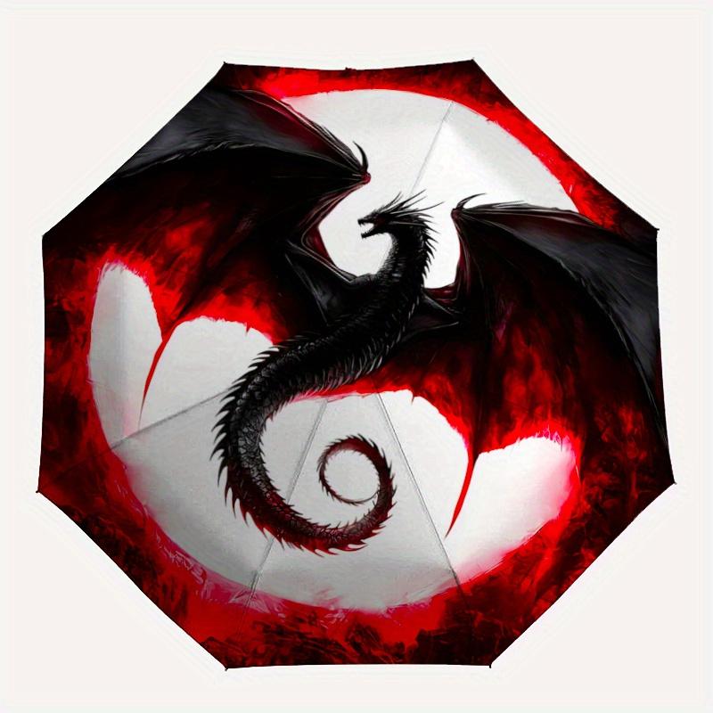 1pc Black Dragon in Front of a Red Moon Automatic Opening/Closing Umbrella with Convenient Three-Fold Design, 8-Bone Iron Frame - Outdoor Umbrell