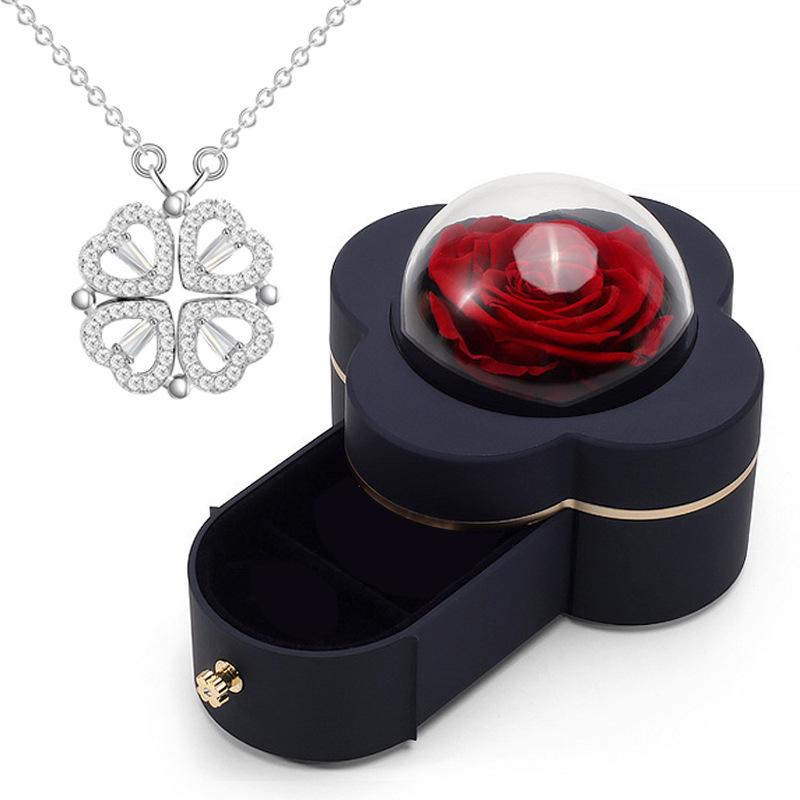 Rotating Rose Gift Box with Necklace and Ring - Valentine's Day Eternal Flower Jewelry Box