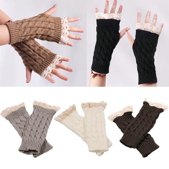 Women Fingerless Lace Gloves Soft Knitted Warm Long Mitten Wrist Warmer Winter Gift