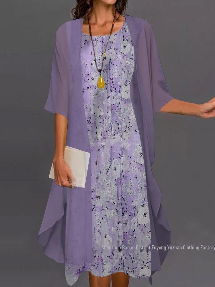 Top-Selling European & American Fashion: Spring & Autumn Casual Printed Chiffon Dress Two-Piece Set