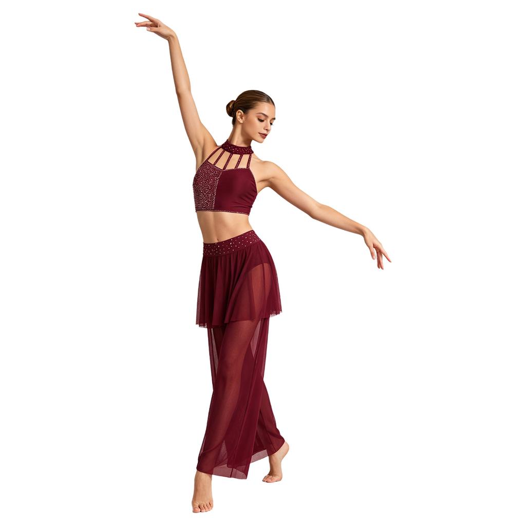 Completo Danza Lirica da Donna Crop Top con Strass e Spalline a Collo Alto Pantaloni a Gamba Larga in Rete Gonna Dancewear