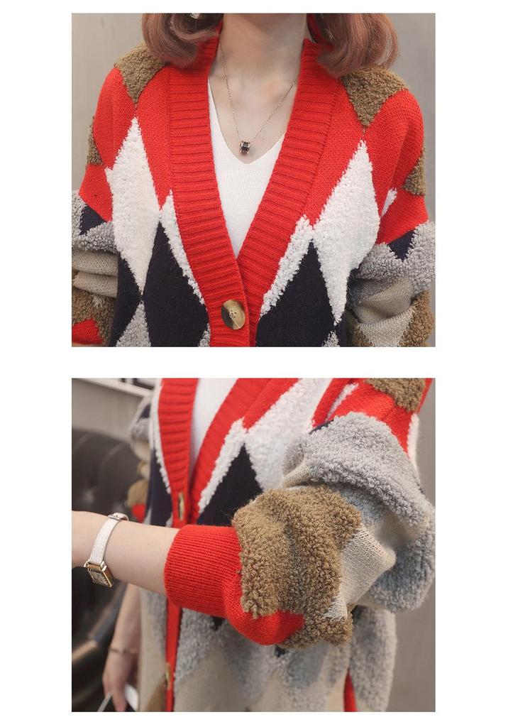 V-Neck Color-Block Knit Cardigan - 2026 Spring/Autumn Korean Style Loose Fit, Slimming Diamond Pattern Jacket