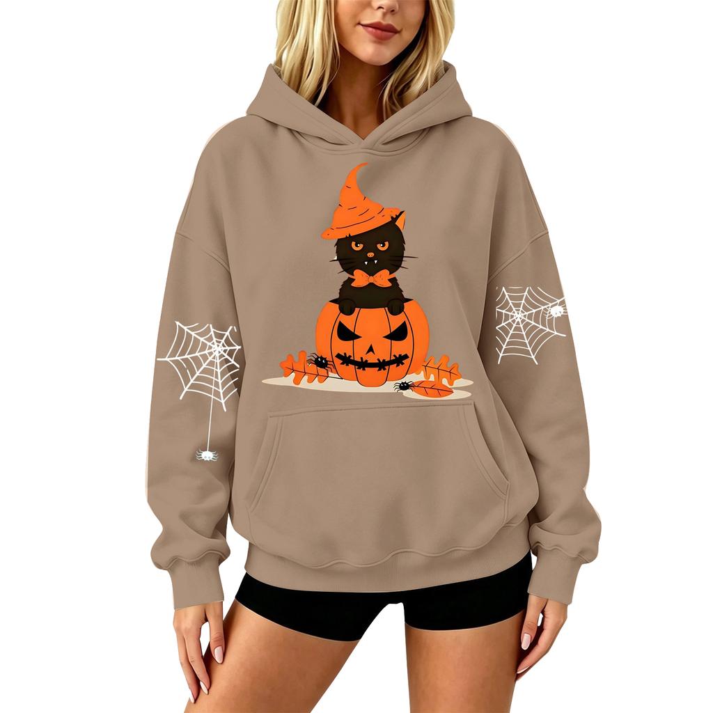 Women's Halloween Print Drop Shoulder Hoodie Loose Fit Casual Pullover