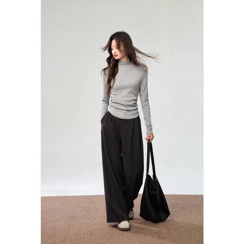 Women Combed Cotton Half Turtleneck Long Sleeve Waist Fitted Pleated Bottoming T Shirt