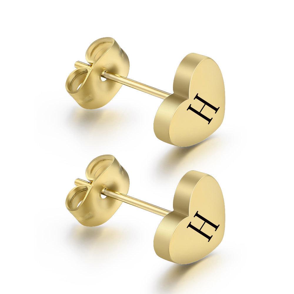 8MM Heart Laser Engraved English Letter Stud Earrings - European & American Style
