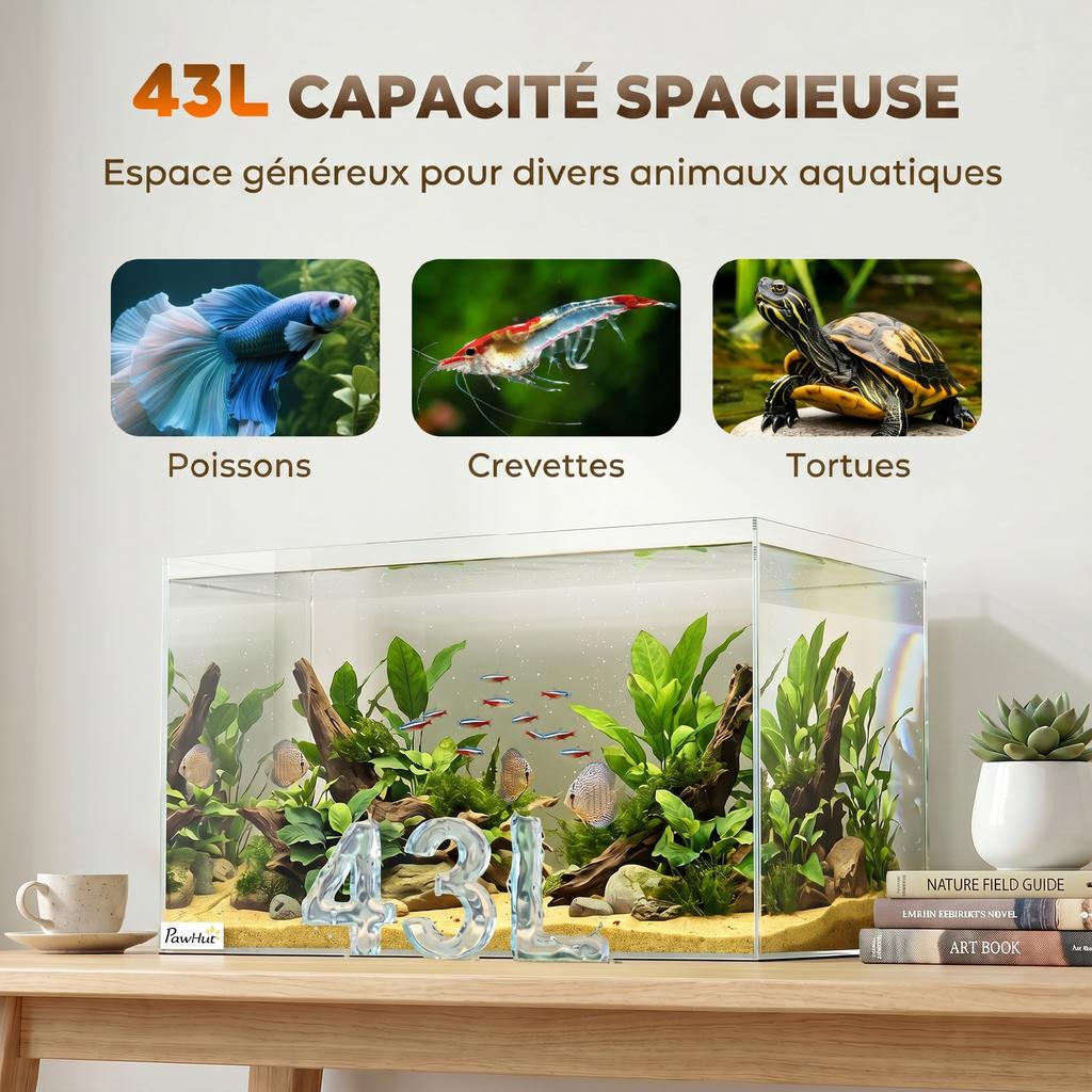 Aquarium, 43 L Tempered Glass, Protective Mat, Fish Shrimp Turtles, 50 x 30 x 30 cm, Transparent