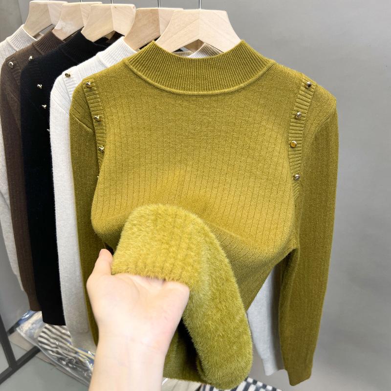 Fleece semi-turtleneck sweater women's integrated fleece thickened bottoming shirt autumn and winter new knitted sweater with top tide