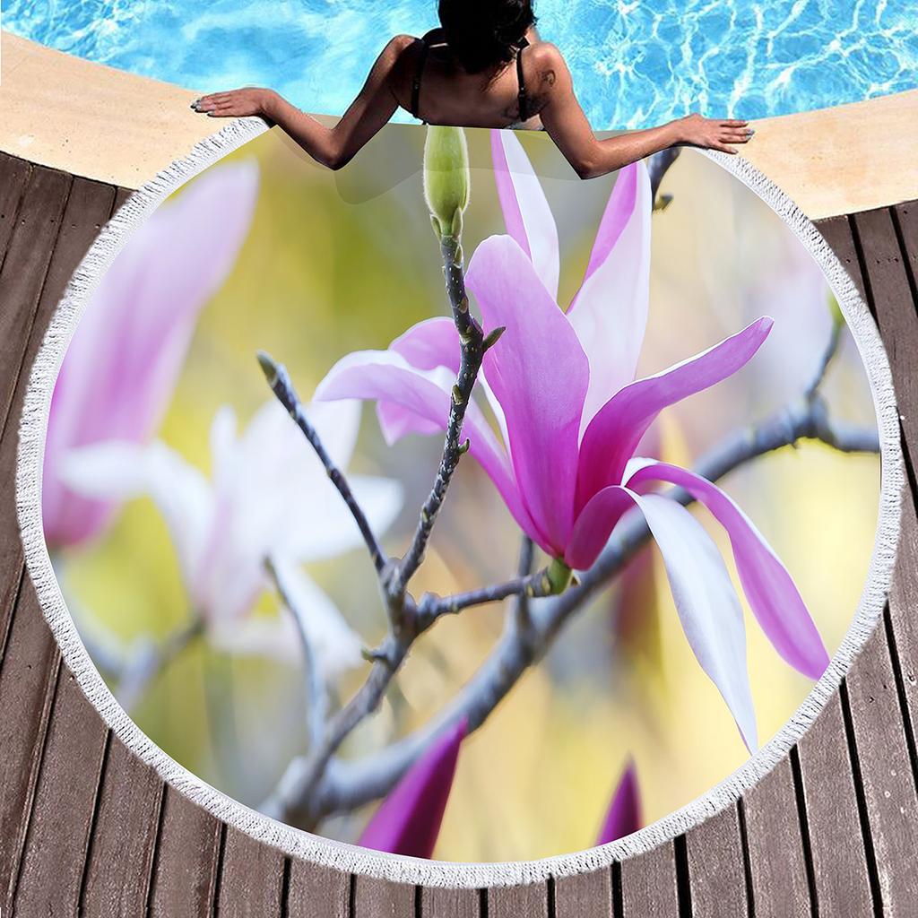 Elegant Magnolia Flower Round Beach Towel,Polyester Sand Resistant Shawl Beach Blanket,Absorbent Quick Dry Pool Towel Picnic Mat