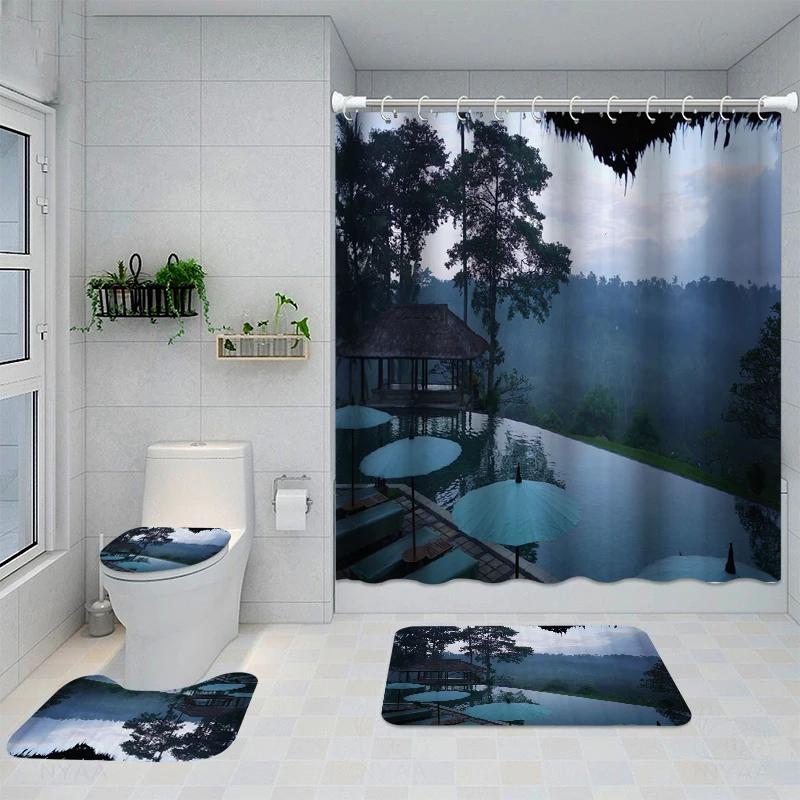 Modern Style Flower Durable Waterproof Shower Curtain Set Toilet Seat Cover Bath Nonslip Mat Rug Carpet Bathroom Decor Washable