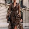 Dámské Šaty s Límcem a Dlouhým Rukávem, Leopardí Vzor, Maxi, Štíhlý Střih, Vysoký Pas, Elegantní Večerní Šaty