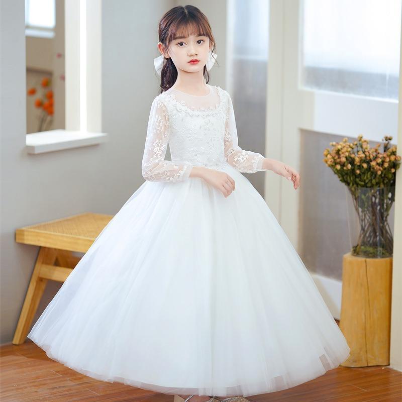 Kids Girls Long Sleeve Embroidered Tulle Puffy Formal Party Dress