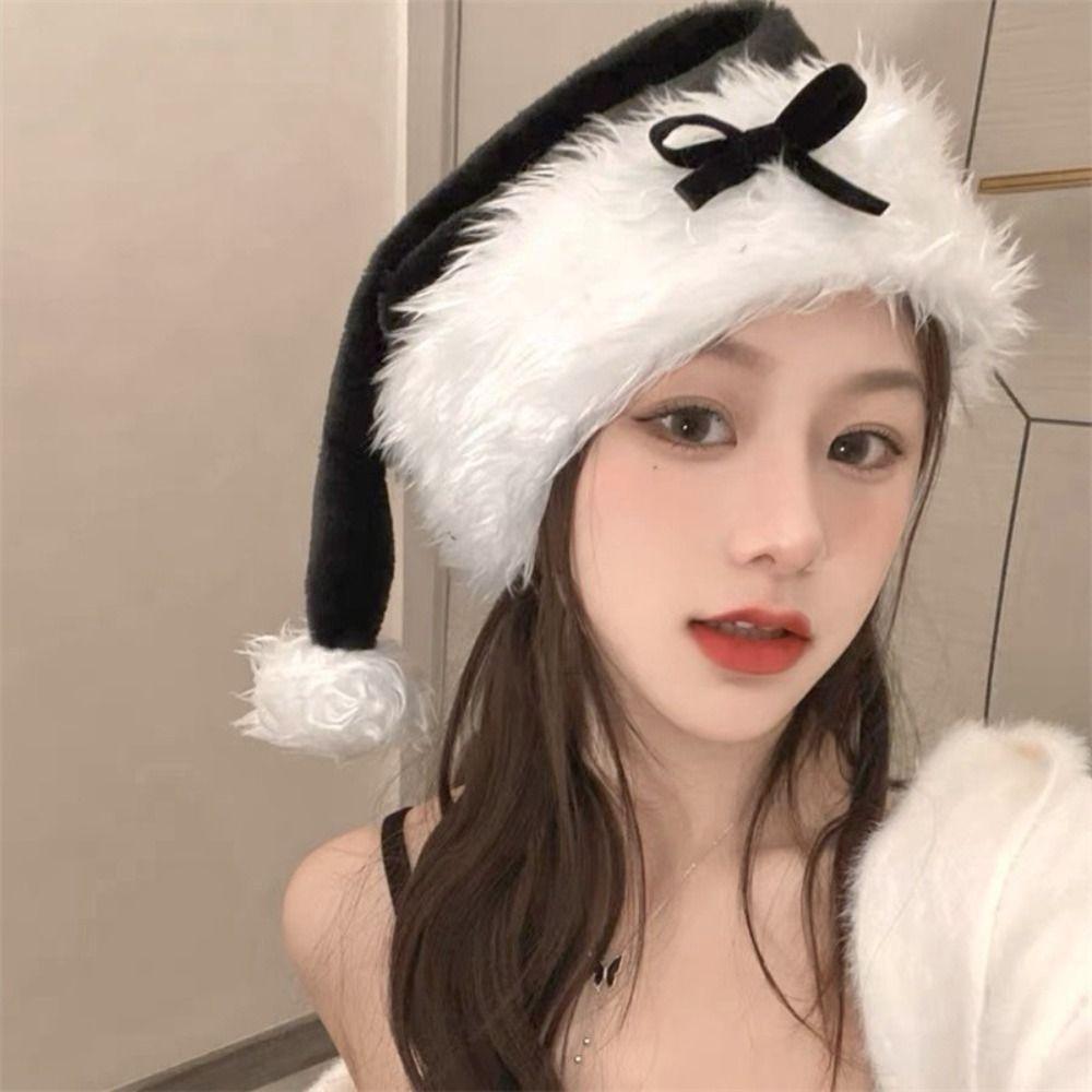 Bow Plush Ball Soft Beanie Black Santa Hat All-match Christmas Plush Hat  Girls