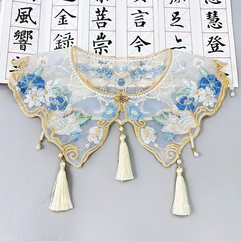 

Lace Embroidery Collar Flower Tassel Shawl Woman Long Ribbon Detachable Fake Collar For Horse Face Skirt Hanfu Accessories One Size