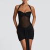 Women Casual Solid Color Mesh Patchwork Twisted Halter Short Bodycon Dress