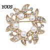 Lapel Pin Brooch Pin, Faux Pearl Wreath Design with Rhinestones Inlaid, Durable Circular Flower Leaf Garland for Coats Shirts Bags Accessories Alloy