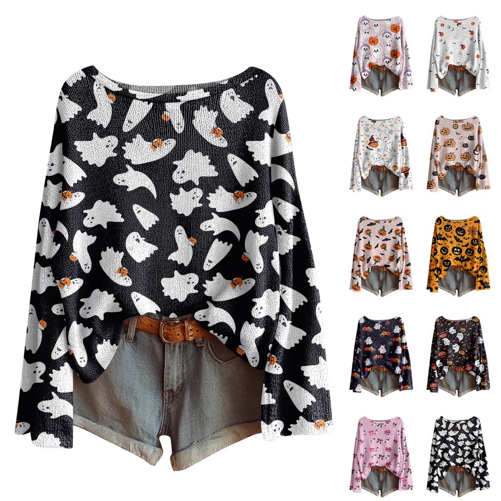 Women's Halloween Sweater, Bohemian Vintage Pattern Print Long Sleeve Knit Pullover