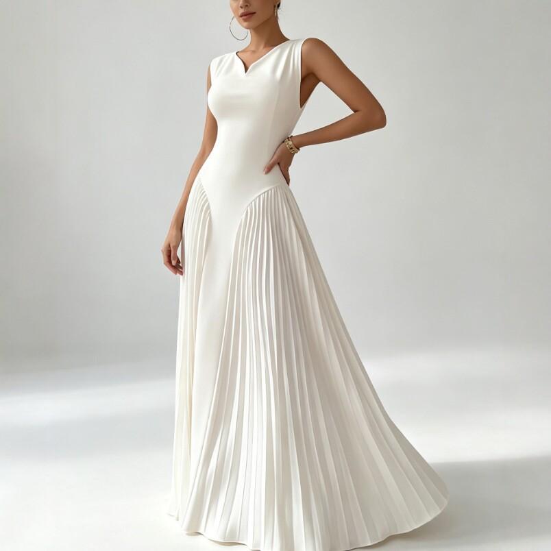 Summer new European and American style white sleeveless pleated splicing dress temperament slim dress dress party