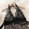 Lace Trim Leopard Print See-Through Patchwork Nightgown