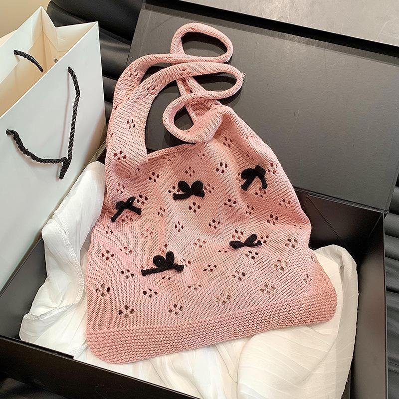 Aesthetic Knitted Bag Women Hollow Out Crochet Bow Handbag Large Capacity Handmade Tote Bag Summer Beach Woven Shoulder Bag