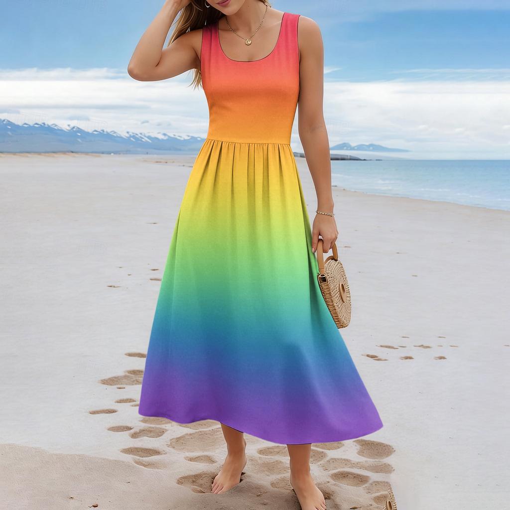 Ladies' gradient printed summer casual and fashionable sleeveless long dress