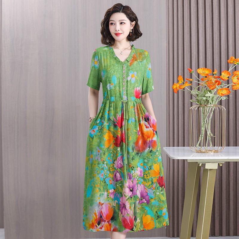 

Шикарное летнее платье миди 2025 для зрелых женщин - с короткими рукавами и принтом 4XL (133-143 jin) зелёный